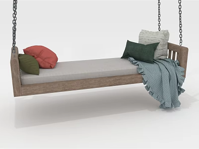 Comfortable Wooden Swing Chair With Soft Cushion Colorful Pillows And Cozy Blanket 3d model