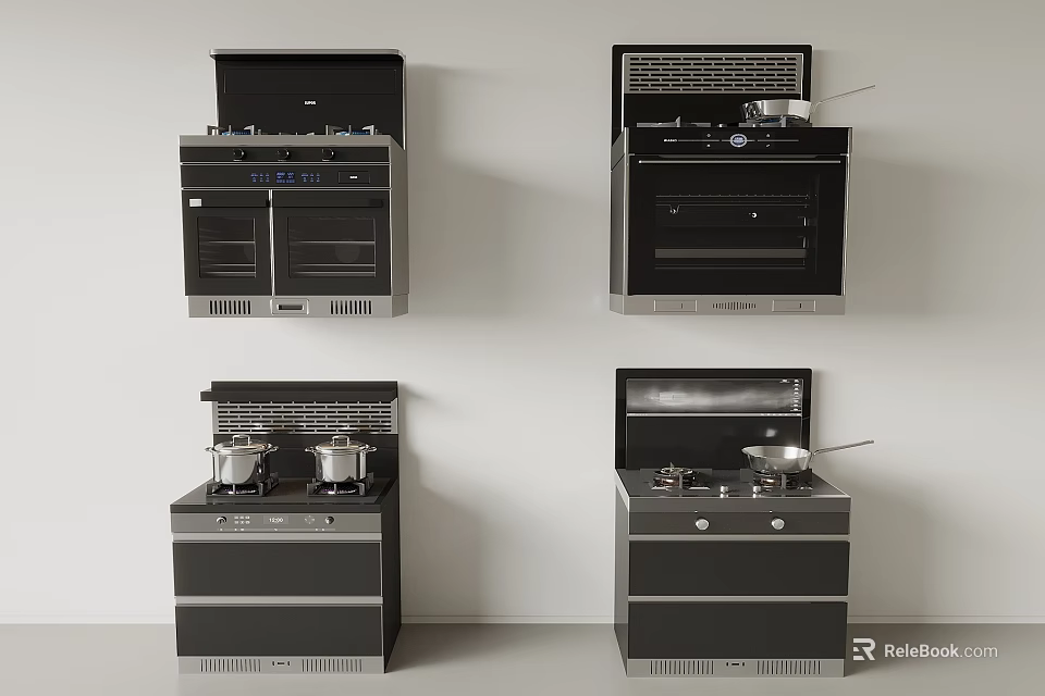 Various Modern Kitchen Appliances With Built In Stove Oven And Range Hood 3d model 
