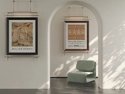 Interior With Framed Landscape Paintings And Modern Chair 3d model