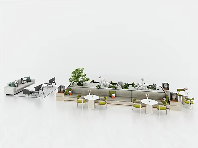 Outdoor Landscape Seats With Green Plants And Round Tables In Leisure Setting 3d model
