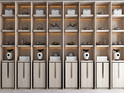 Modern Light Wood Decorative Cabinet With Gold Accents Glass Shelves Teapots And Vases 3d model