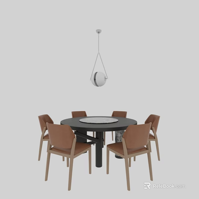 Brown Leather Back Dining Chairs Around Black Round Table With White Pendant Light 3d model