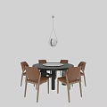 Brown Leather Back Dining Chairs Around Black Round Table With White Pendant Light 3d model