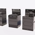 Three Different Styles Of Black Kitchen Stoves With Cooking Pots And Storage