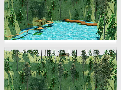 Scenic Garden Landscape Design with Blue Pool Wooden Platform and Lush Trees 3d model