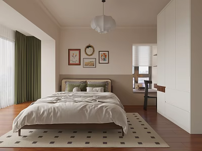 Modern Bedroom Interior With Green Curtains Framed Pictures Pendant Lamp White Wardrobe And Geometric Rug 3d model