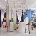 Stylish Beauty Salon Interior With Pink Arches White Sheer Curtains Blue Walls And Pink Furniture