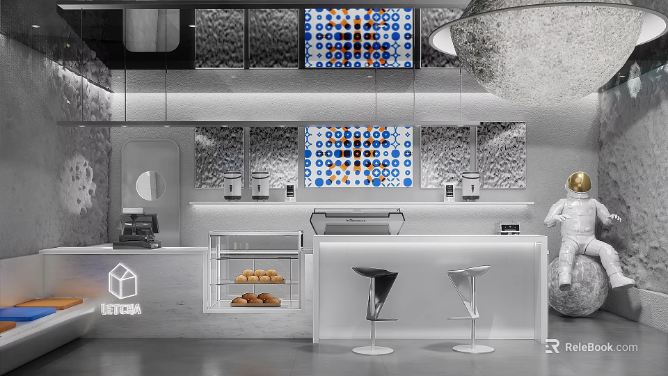 Modern Milk Tea Shop Interior With Counter Display Case Pastries And Decorative Wall Panels 3d model 