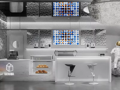 Modern Milk Tea Shop Interior With Counter Display Case Pastries And Decorative Wall Panels 3d model