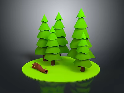 Green Coniferous Trees And Brown Log On Round Green Platform 3D Rendering With Gray Background 3d model