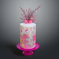 Pink Cake With Pink And Yellow Patterns And Decorations On Pink Stand