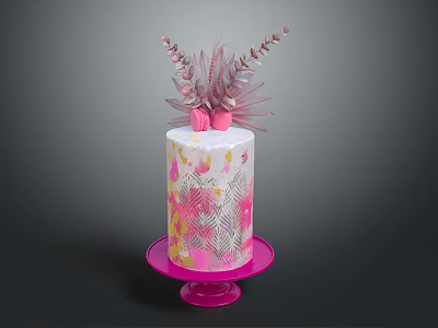 Pink Cake With Pink And Yellow Patterns And Decorations On Pink Stand 3d model