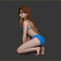 Female Character in Blue Bikini With Long Red Hair Kneeling Against Black Background
