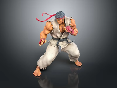 Muscular Fighting Character In White Martial Arts Uniform With Red Headband And Dynamic Combat Stance 3d model