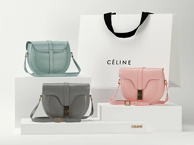 Celine Handbags In Light Green Gray Pink With White Shopping Tote And Display Stands 3d model