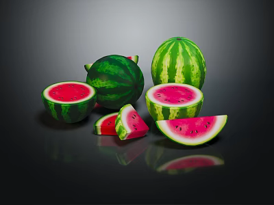 Fresh Ripe Watermelon Display With Whole Fruits And Sliced Pieces On Dark Surface 3d model