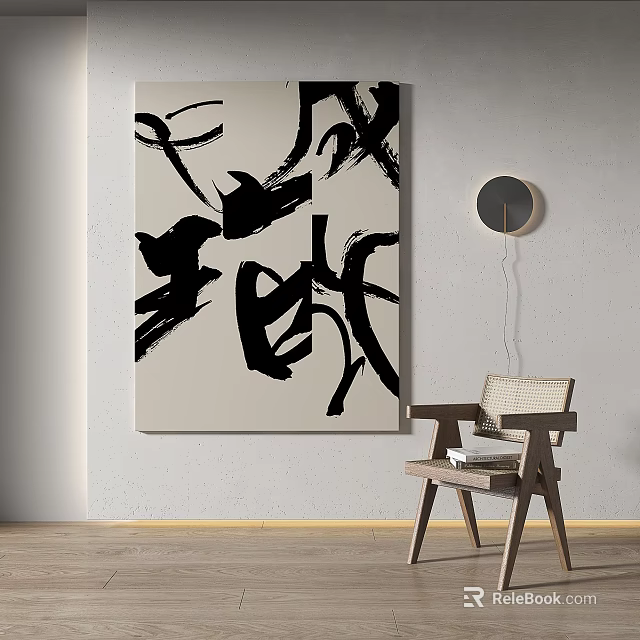 Black and White Abstract Painting on Wall in Minimalist Interior with Wooden Chair Decor 3d model 