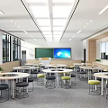 School Cafeteria Design With White Round Tables Green Seats Circular Wall Decor And Large Windows