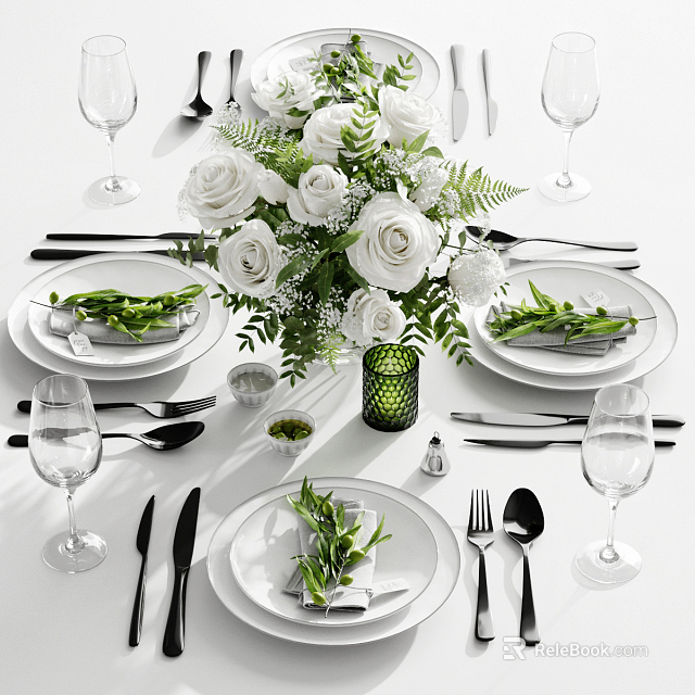 Elegant Dining Tableware Set with White Plates Silver Cutlery Wine Glasses and Floral Centerpiece 3d model 