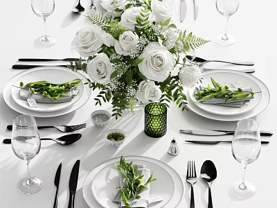 Elegant Dining Tableware Set with White Plates Silver Cutlery Wine Glasses and Floral Centerpiece 3d model
