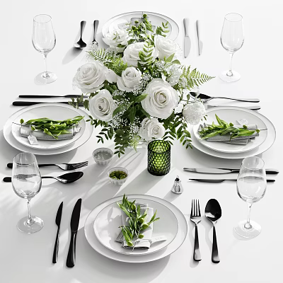 Elegant Dining Tableware Set with White Plates Silver Cutlery Wine Glasses and Floral Centerpiece 3d model