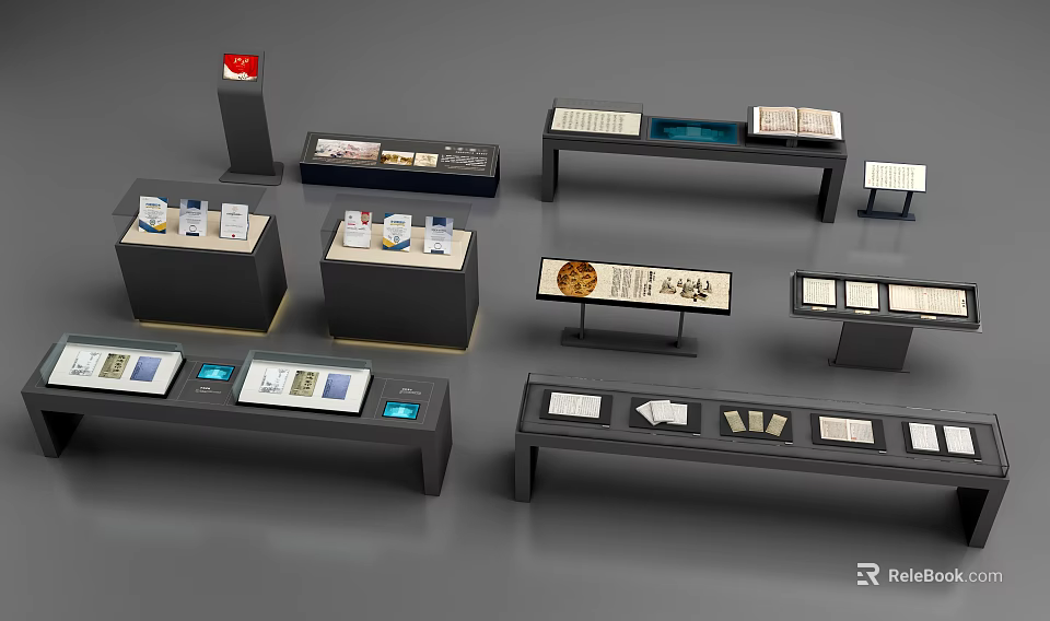Modern Exhibition Display Stands With Glass Showcases And Multi Tiered Tables 3d model 