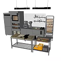 Modern Commercial Kitchen With Various Appliances Workbench And Metal Shelves