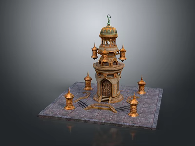 Islamic Style Architectural Model With Tower Green Dome Golden Decorations And Minarets On Stone Base 3d model