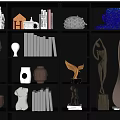 Modern Artistic Decorative Ornament Set on Black Shelf with Sculptures Figurines Books and Vases