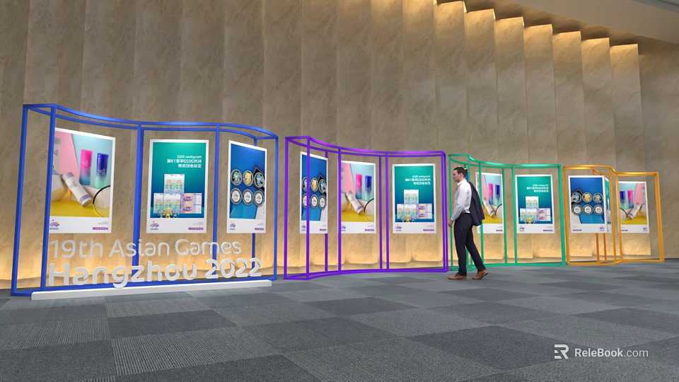 Colorful Exhibition Display Stands With Posters And Man For Asian Games Hangzhou 2022 3d model 