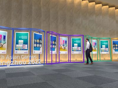 Colorful Exhibition Display Stands With Posters And Man For Asian Games Hangzhou 2022 3d model