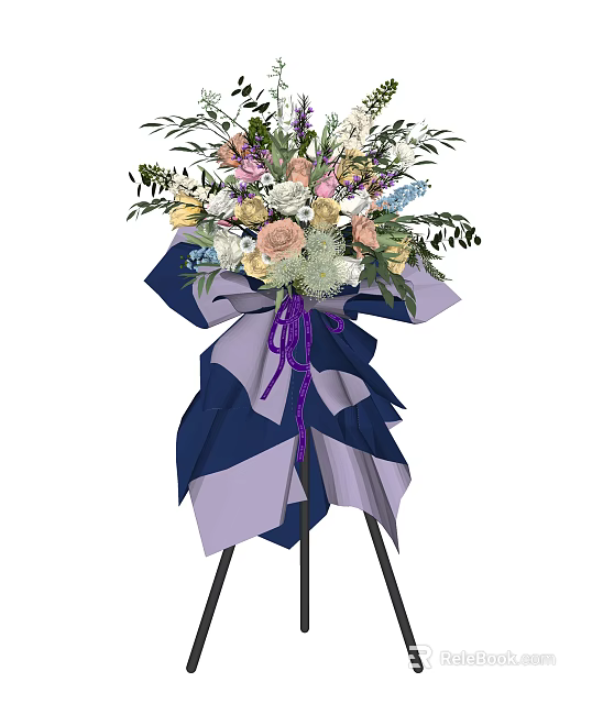 Decorative Vase Flowers Arrangement With Pastel Colors Purple Blue Ribbon And Tripod Stand 3d model 