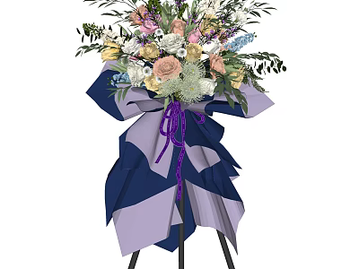 Decorative Vase Flowers Arrangement With Pastel Colors Purple Blue Ribbon And Tripod Stand 3d model