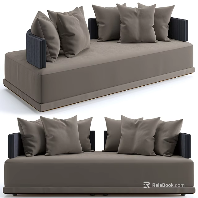 Beige Upholstered Two Seater Sofa With Plush Cushions And Black Armrests 3d model 