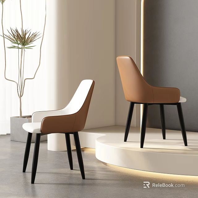 Modern Leather Dining Chairs in White and Brown with Black Legs and Indoor Plant 3d model 