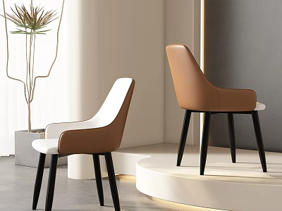 Modern Leather Dining Chairs in White and Brown with Black Legs and Indoor Plant 3d model