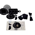 Modern Dinnerware Set Featuring White Blue Floral Plates Cutting Board Striped Placemat And Gold Utensils