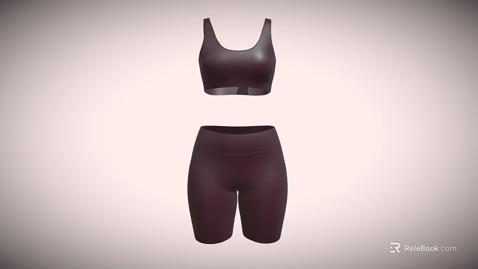 Stylish Burgundy Crop Top and High Waist Biker Shorts Activewear Outfit 3d model 