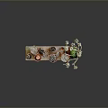Small Potted Plants In Copper Containers On Decorative Tray With Green Leaves