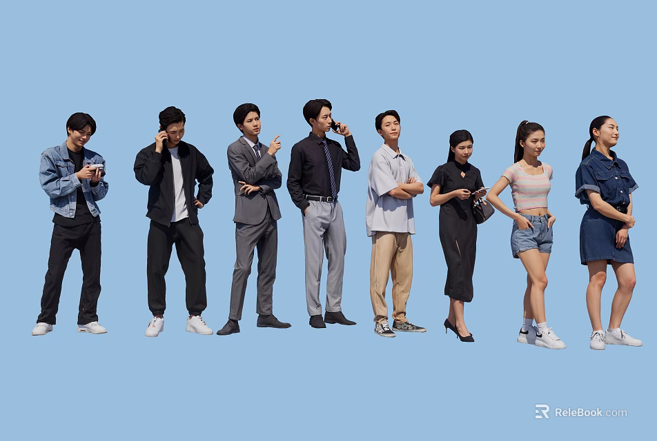 Group of People Standing Together In Casual And Formal Attire With Various Poses 3d model 