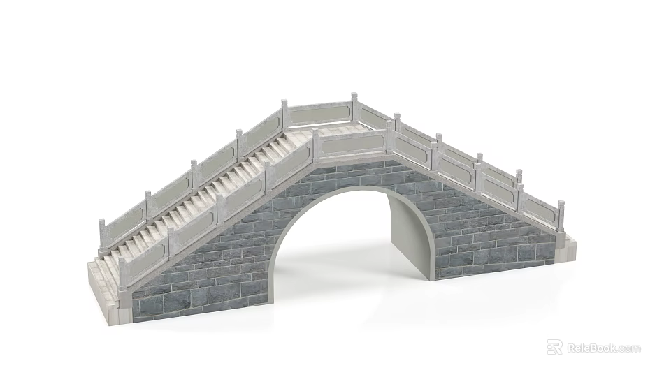 Traditional Stone Arch Bridge With Gray Brick Structure Stone Steps And Railing 3d model 