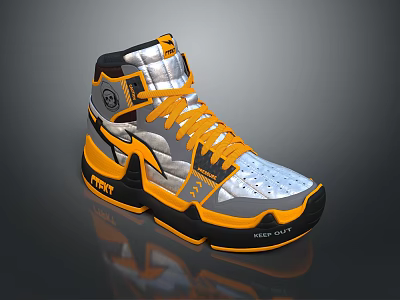 High Top Basketball Shoes In Silver Orange And Black With Fire Logo Stylish Design 3d model