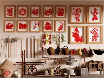 Traditional Farmhouse Decor With Red Paper Cuttings And Vintage Tools On Wall 3d model