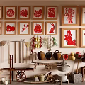 Traditional Farmhouse Decor With Red Paper Cuttings And Vintage Tools On Wall