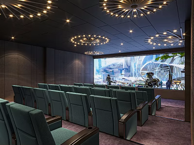 Modern Cinema Interior Featuring Comfortable Green Seats Large Screen And Decorative Ceiling Lights 3d model