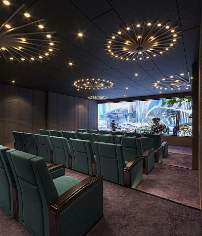 Modern Cinema Interior Featuring Comfortable Green Seats Large Screen And Decorative Ceiling Lights 3d model