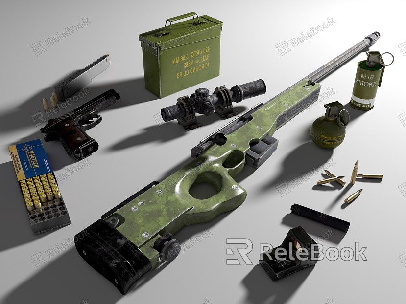 Modern gun war weapon bolt sniper rifle grenade smoke bomb bullet holographic sight model