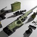 Military Weapons Display Featuring Sniper Rifle With Scope Pistol Ammunition Box Grenades And Bullets