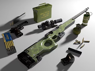 Military Weapons Display Featuring Sniper Rifle With Scope Pistol Ammunition Box Grenades And Bullets 3d model