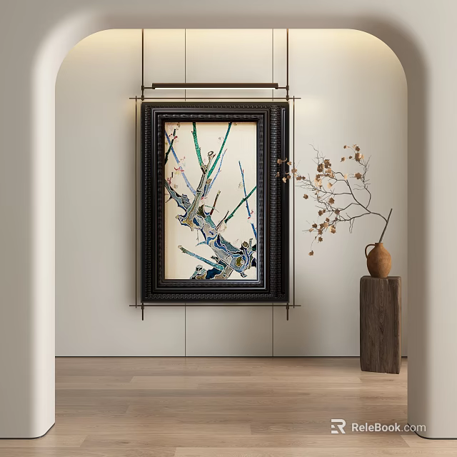 Black Framed Colorful Abstract Painting Hanging On White Wall With Decorative Branch Vase 3d model 